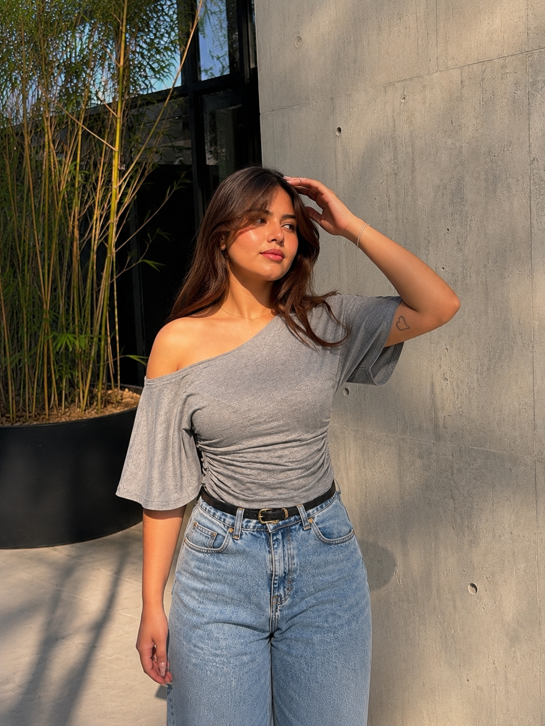Drop Shoulder Ruched Waist Top - Melange Grey