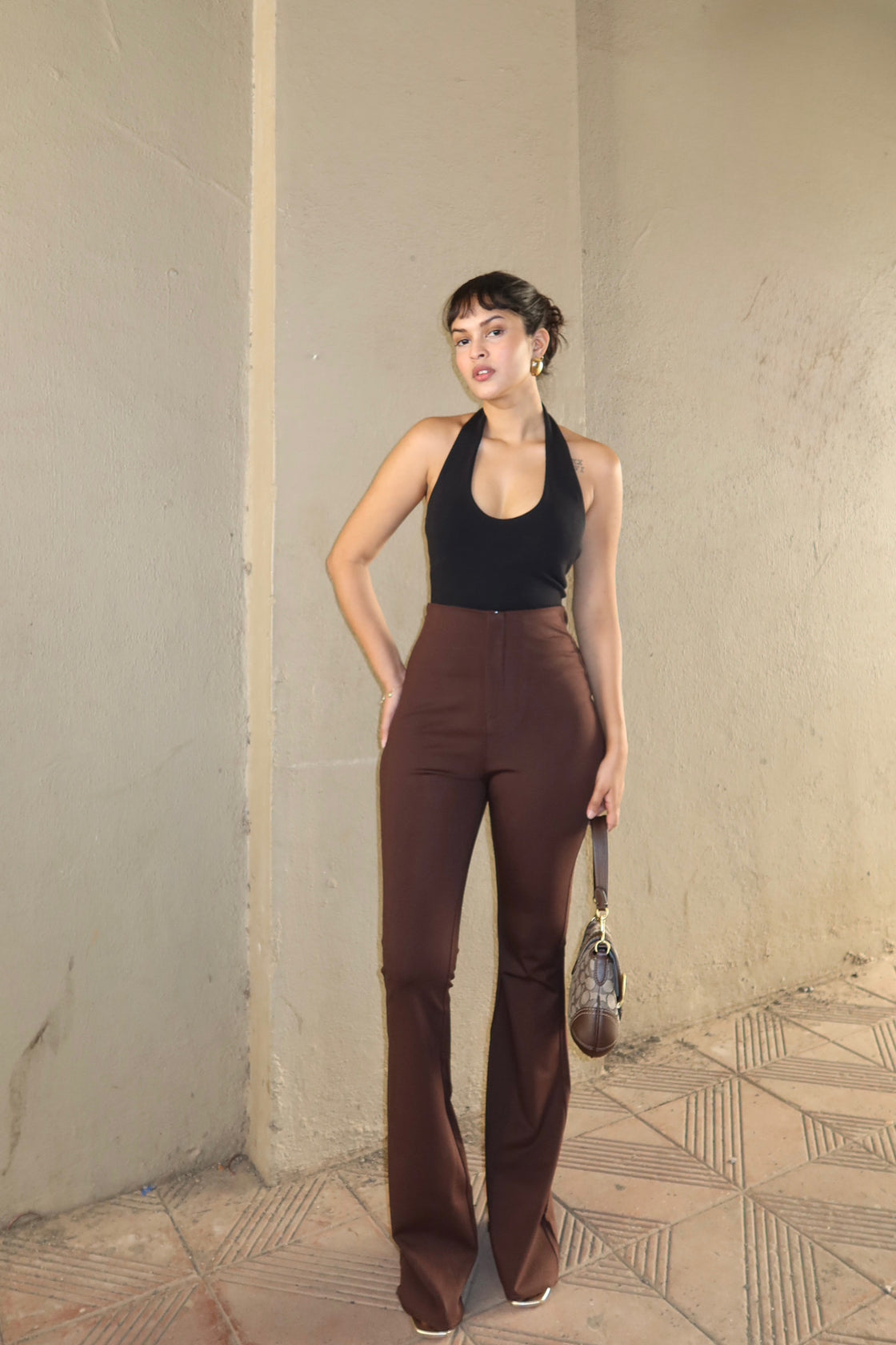 Walnut Brown Sculpted Flared Pants