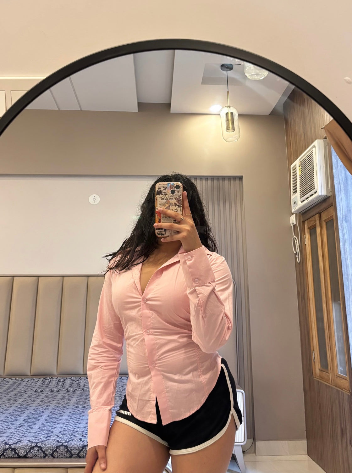 Pastel Pink Fitted Drawstring Shirt