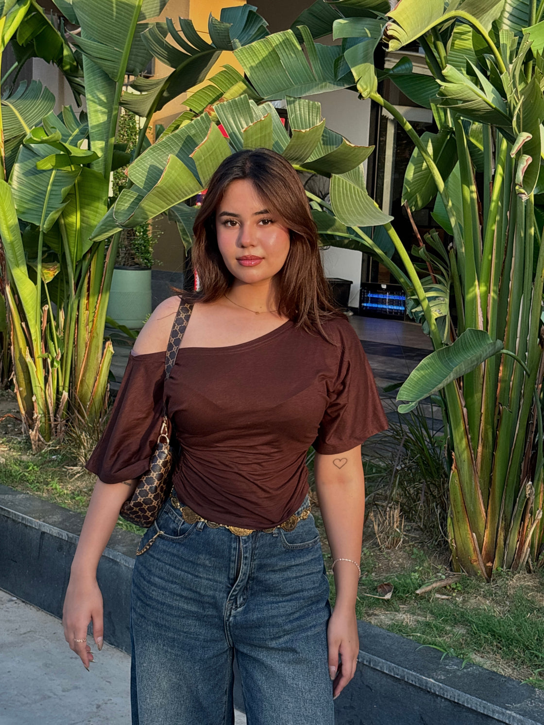 Drop Shoulder Ruched Waist Top - Brown