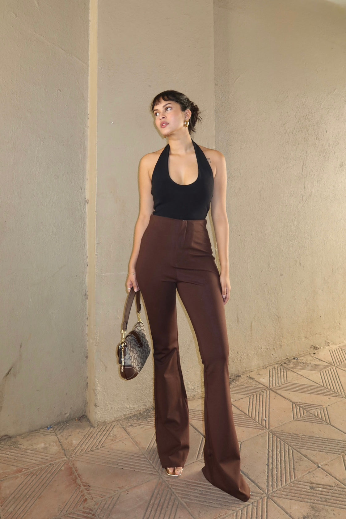 Walnut Brown Sculpted Flared Pants