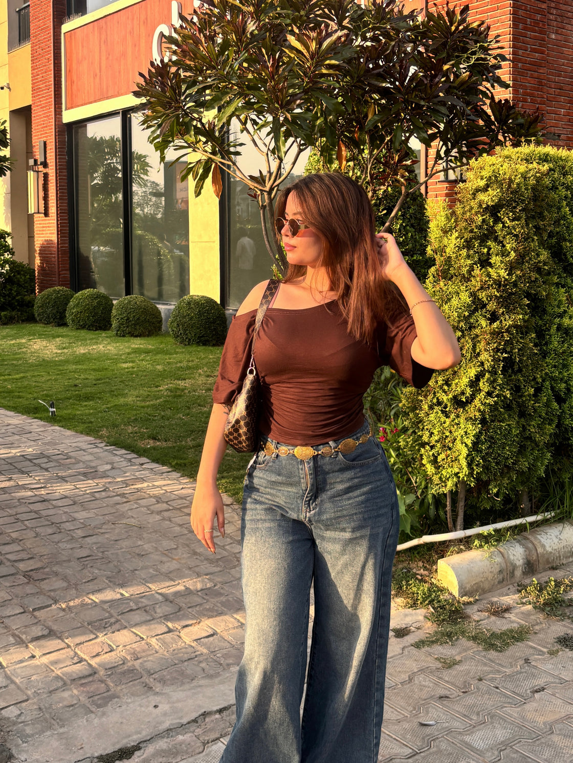 Drop Shoulder Ruched Waist Top - Brown
