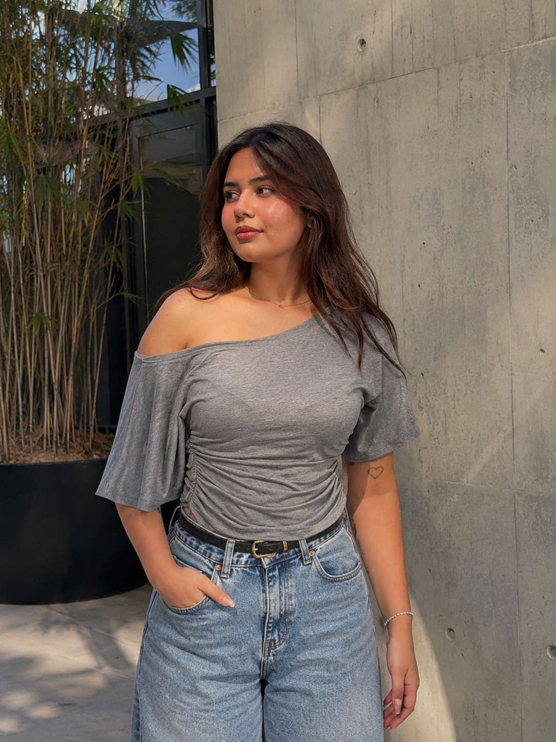Drop Shoulder Ruched Waist Top - Melange Grey