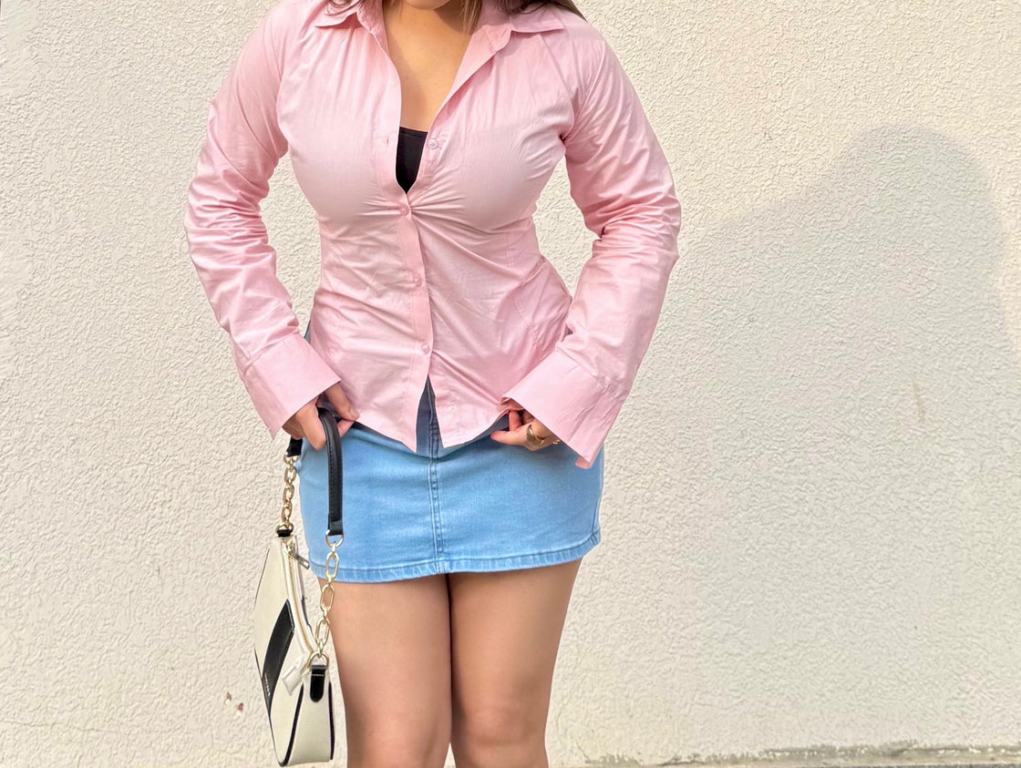 Pastel Pink Fitted Drawstring Shirt