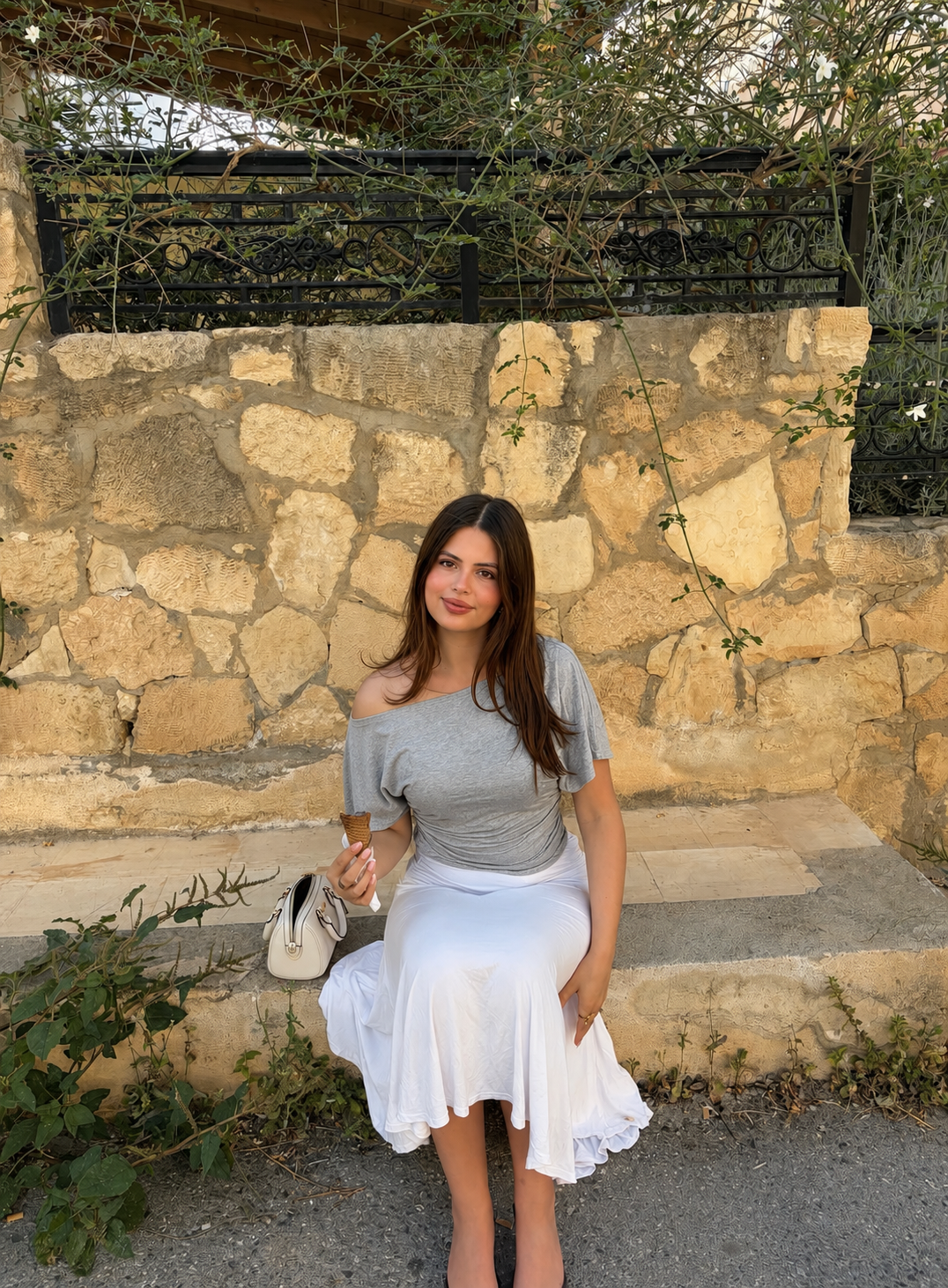 Drop Shoulder Ruched Waist Top - Melange Grey