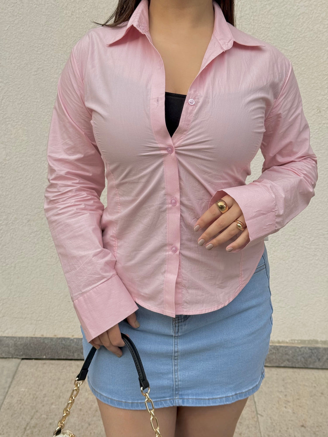 Pastel Pink Fitted Drawstring Shirt