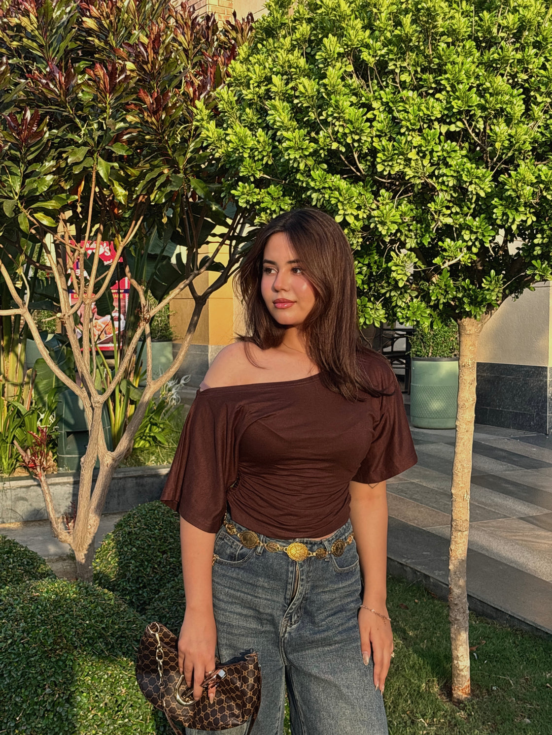 Drop Shoulder Ruched Waist Top - Brown